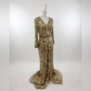 Mc Duggal Gold Sequin Long Sleeve V-Neck Evening Gown